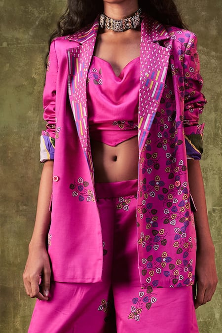 Shop Punit Balana Pink Satin Silk Leaf Notched Collar Printed Jacket And Pant Set at Aza Fashions Shop_Punit Balana_Pink Satin Silk Leaf Notched Collar Printed Jacket And Pant Set _at_Aza_Fashions