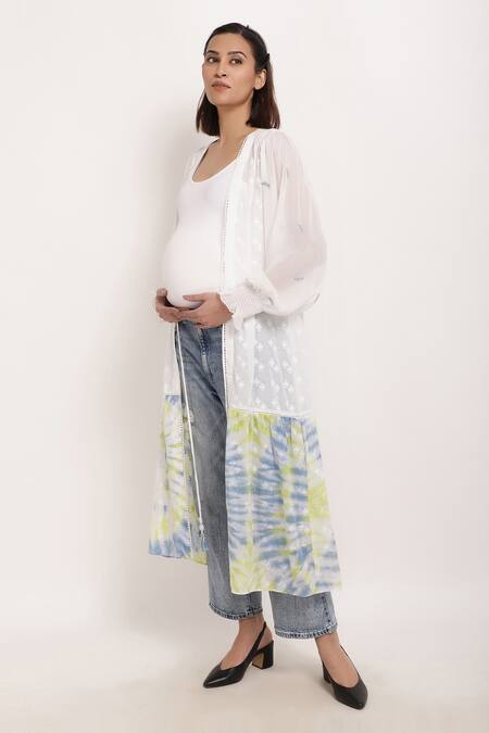Ranng Label_White Cotton Tie Dye And Embroidery Thread Open Hem Shrug_Online_at_Aza_Fashions