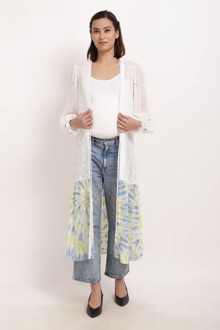 Buy_Ranng Label_White Cotton Tie Dye And Embroidery Thread Open Hem Shrug_Online_at_Aza_Fashions