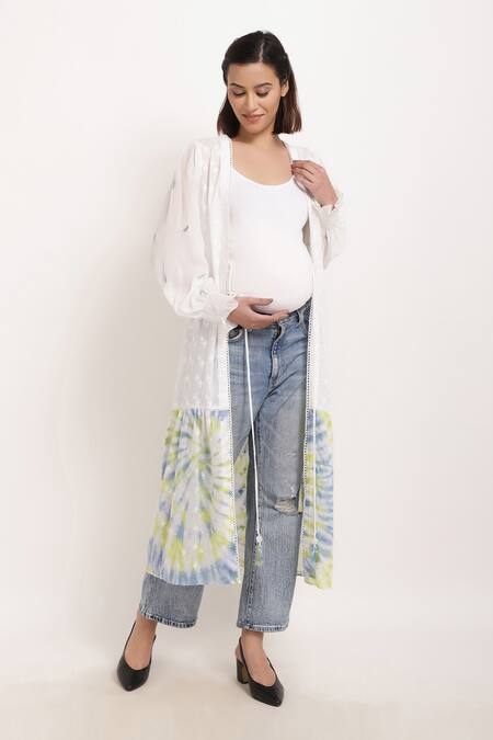 Shop_Ranng Label_White Cotton Tie Dye And Embroidery Thread Open Hem Shrug_Online_at_Aza_Fashions
