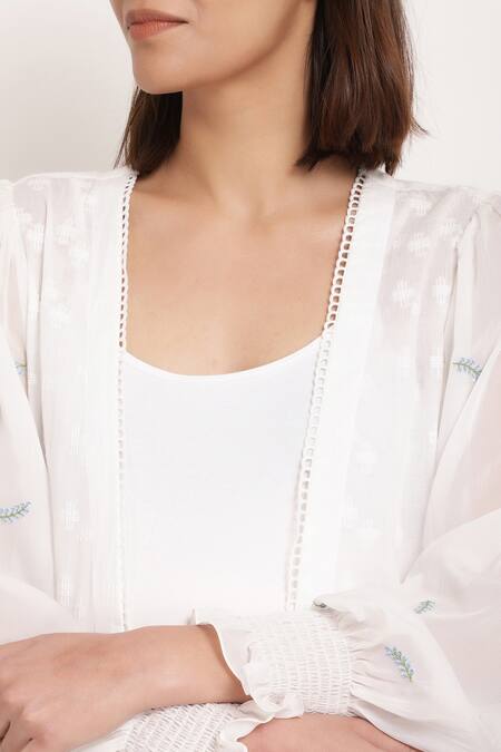 Ranng Label_White Cotton Tie Dye And Embroidery Thread Open Hem Shrug_at_Aza_Fashions