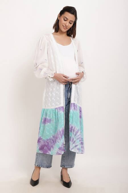 Ranng Label_White Cotton Tie Dye And Embroidery Thread Open Hem Shrug_Online_at_Aza_Fashions