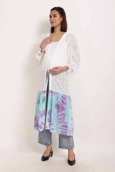 Buy_Ranng Label_White Cotton Tie Dye And Embroidery Thread Open Hem Shrug_Online_at_Aza_Fashions
