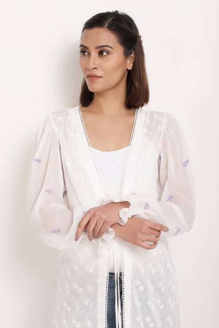 Shop_Ranng Label_White Cotton Tie Dye And Embroidery Thread Open Hem Shrug_Online_at_Aza_Fashions
