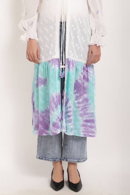 Ranng Label_White Cotton Tie Dye And Embroidery Thread Open Hem Shrug_at_Aza_Fashions
