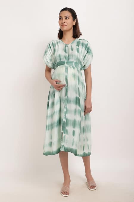 Ranng Label White Viscose V Neck Tie Dye Dress With Belt 