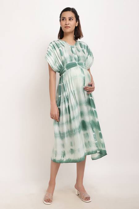Ranng Label_White Viscose V Neck Tie Dye Dress With Belt _Online_at_Aza_Fashions