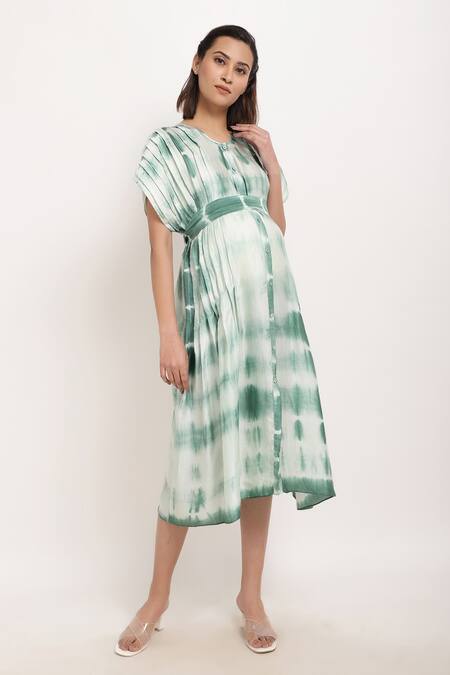 Buy_Ranng Label_White Viscose V Neck Tie Dye Dress With Belt _Online_at_Aza_Fashions