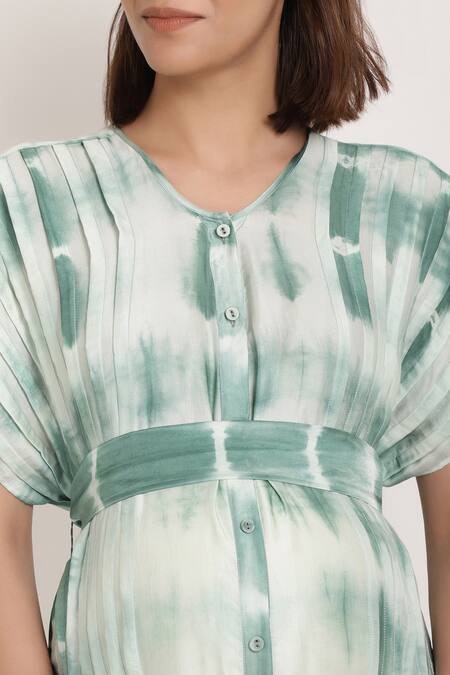 Ranng Label_White Viscose V Neck Tie Dye Dress With Belt _at_Aza_Fashions