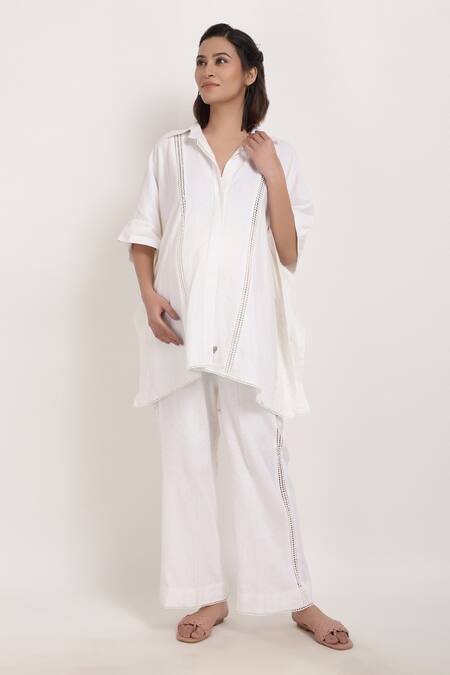 Ranng Label_White Linen Thread Spread Collar Tunic And Palazzo Set _Online_at_Aza_Fashions