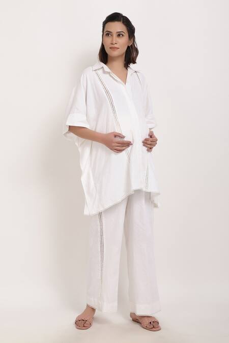 Buy_Ranng Label_White Linen Thread Spread Collar Tunic And Palazzo Set _Online_at_Aza_Fashions