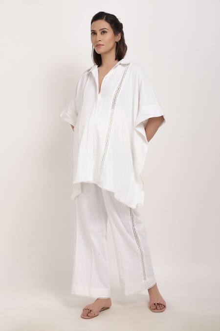 Shop_Ranng Label_White Linen Thread Spread Collar Tunic And Palazzo Set _Online_at_Aza_Fashions