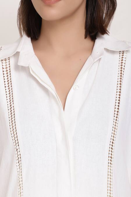 Ranng Label_White Linen Thread Spread Collar Tunic And Palazzo Set _at_Aza_Fashions