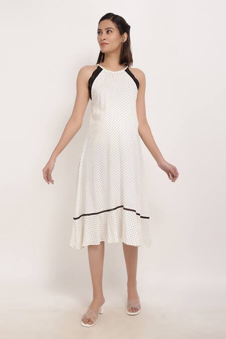 Ranng Label_Black Rayon Print Polka Dot Halter Neck Dress_Online_at_Aza_Fashions