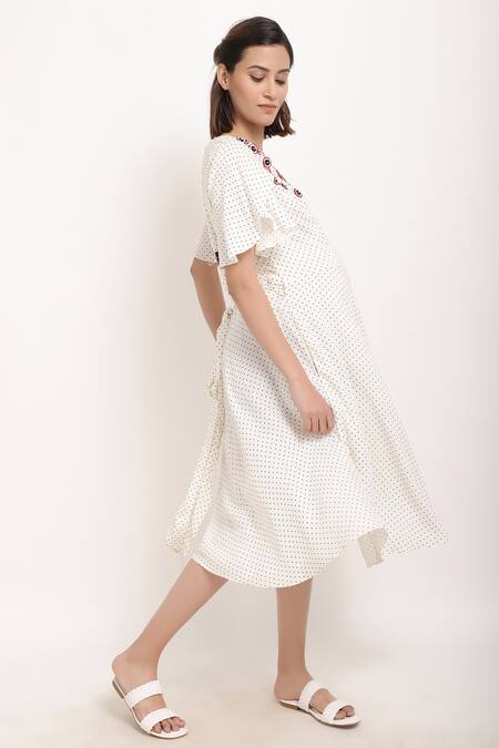 Ranng Label_Black Rayon Polka Dot And Thread V Neck Wrap Dress _Online_at_Aza_Fashions