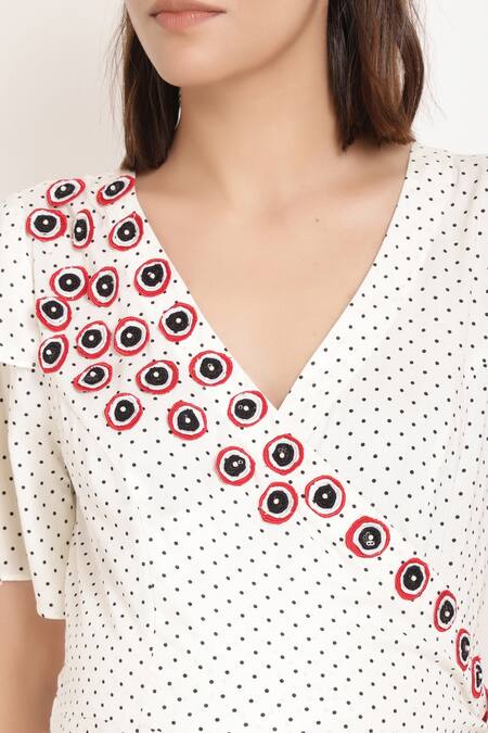 Shop_Ranng Label_Black Rayon Polka Dot And Thread V Neck Wrap Dress _Online_at_Aza_Fashions