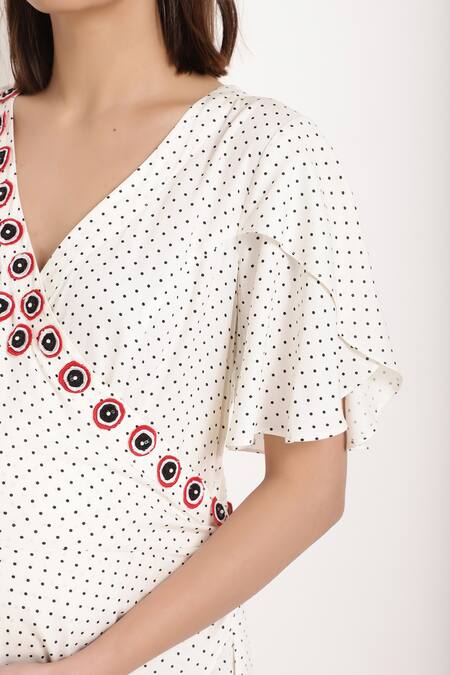 Ranng Label_Black Rayon Polka Dot And Thread V Neck Wrap Dress _at_Aza_Fashions