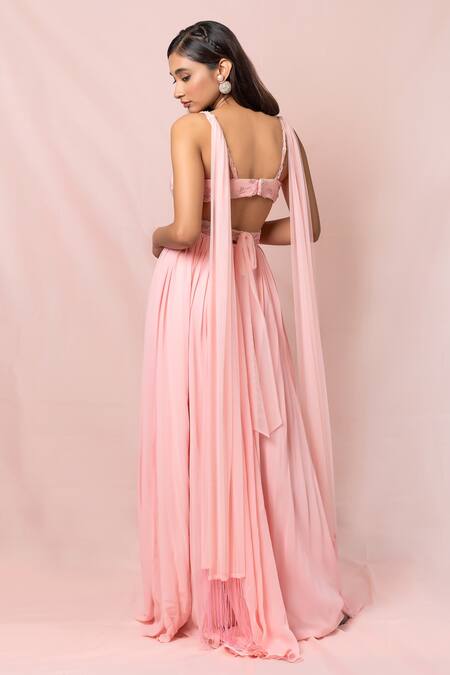 Shop Pinup By Astha Pink Tulle, Georgette Floral, Sequin V Neck Embroidered Gown at Aza Fashions Shop_Pinup By Astha_Pink Tulle, Georgette Floral, Sequin V Neck Embroidered Gown_at_Aza_Fashions