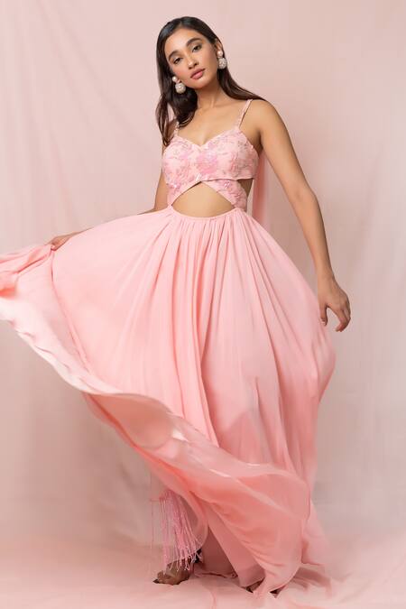 Pinup By Astha Pink Tulle, Georgette Floral, Sequin V Neck Embroidered Gown Online at Aza Fashions Pinup By Astha_Pink Tulle, Georgette Floral, Sequin V Neck Embroidered Gown_Online_at_Aza_Fashions