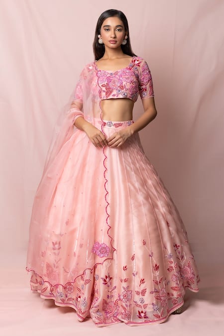 Pinup By Astha Pink , Satin Floral, Sequin Leaf Neck Embroidered Lehenga Set