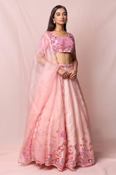 Pinup By Astha_Pink , Satin Floral, Sequin Leaf Neck Embroidered Lehenga Set _Online_at_Aza_Fashions