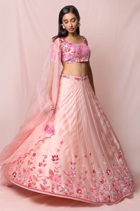 Buy_Pinup By Astha_Pink , Satin Floral, Sequin Leaf Neck Embroidered Lehenga Set _Online_at_Aza_Fashions