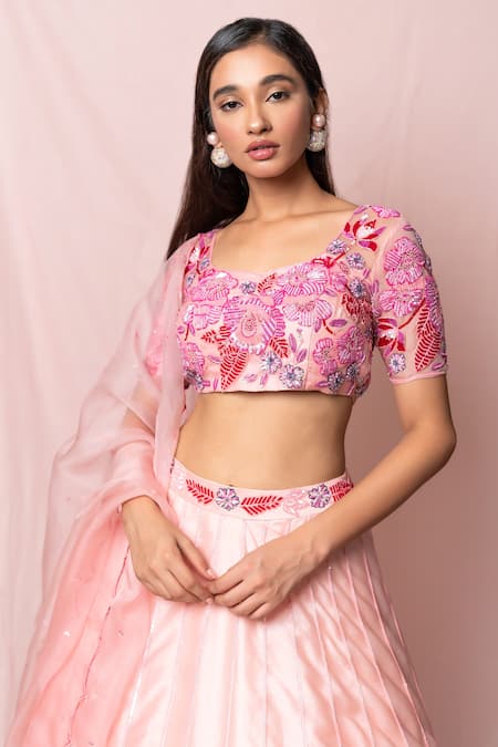 Shop_Pinup By Astha_Pink , Satin Floral, Sequin Leaf Neck Embroidered Lehenga Set _Online_at_Aza_Fashions