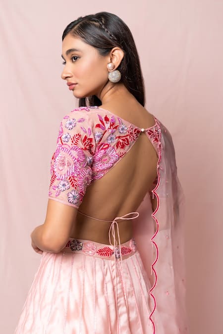 Pinup By Astha_Pink , Satin Floral, Sequin Leaf Neck Embroidered Lehenga Set _at_Aza_Fashions