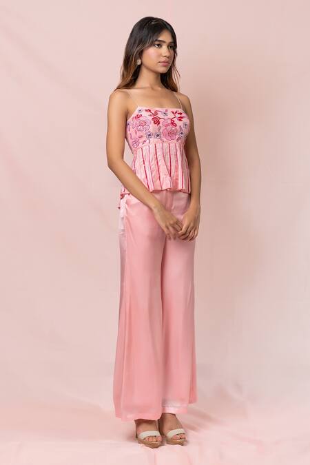 Pinup By Astha_Pink Satin Georgette Embroidery Floral Straight Silk Peplum Top Set_Online_at_Aza_Fashions