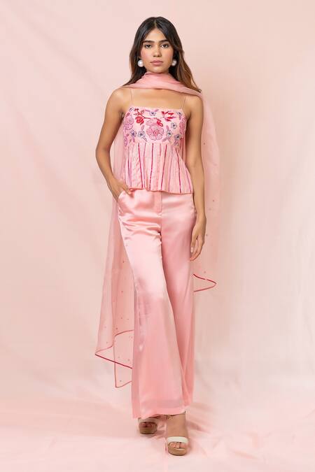 Buy_Pinup By Astha_Pink Satin Georgette Embroidery Floral Straight Silk Peplum Top Set_Online_at_Aza_Fashions