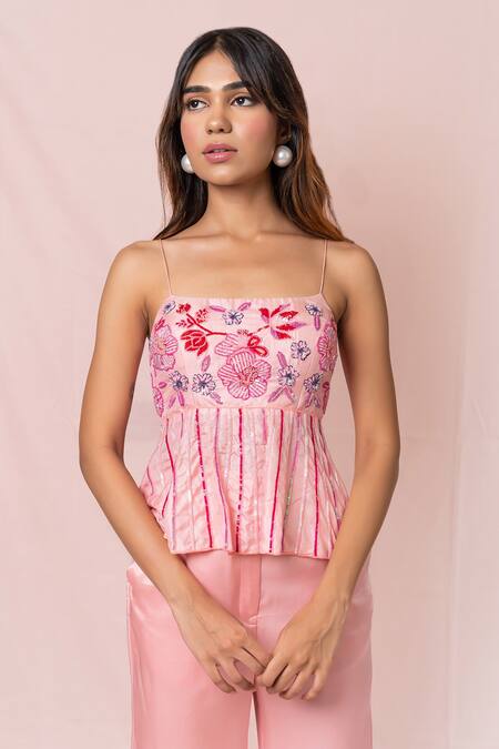 Shop_Pinup By Astha_Pink Satin Georgette Embroidery Floral Straight Silk Peplum Top Set_Online_at_Aza_Fashions