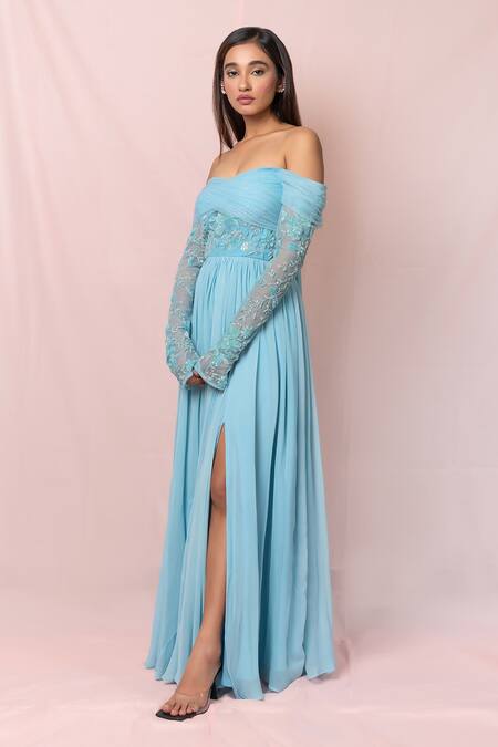 Buy_Pinup By Astha_Blue Tulle, Georgette Floral, Sequin Sweetheart Neck Pleated Off Shoulder Gown_Online_at_Aza_Fashions