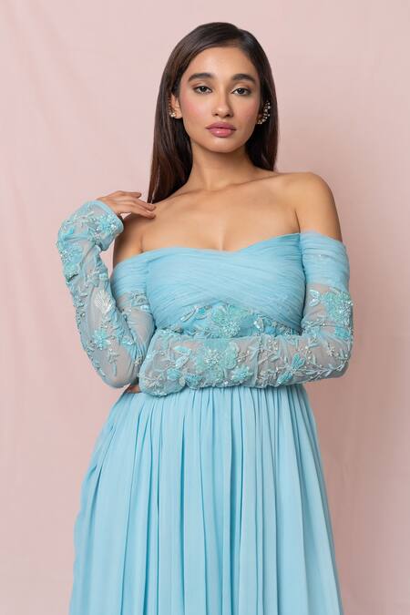 Shop_Pinup By Astha_Blue Tulle, Georgette Floral, Sequin Sweetheart Neck Pleated Off Shoulder Gown_Online_at_Aza_Fashions