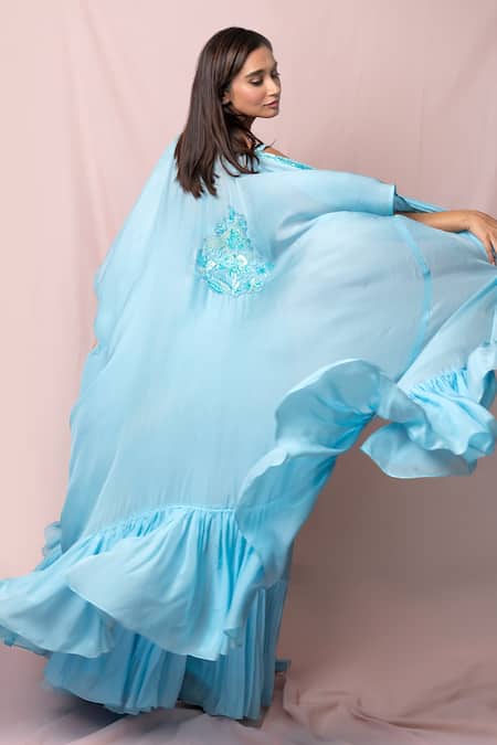 Shop Pinup By Astha Blue Silk, Flat Chiffon Floral, Sequin Blouse V Neck, Frill And Draped Skirt Set at Aza Fashions Shop_Pinup By Astha_Blue Silk, Flat Chiffon Floral, Sequin Blouse V Neck, Frill And Draped Skirt Set _at_Aza_Fashions