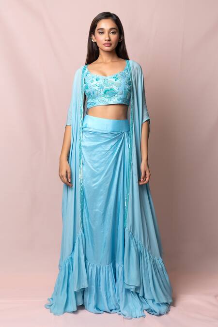 Pinup By Astha Blue Silk, Flat Chiffon Floral, Sequin Blouse V Neck, Frill And Draped Skirt Set Online at Aza Fashions Pinup By Astha_Blue Silk, Flat Chiffon Floral, Sequin Blouse V Neck, Frill And Draped Skirt Set _Online_at_Aza_Fashions