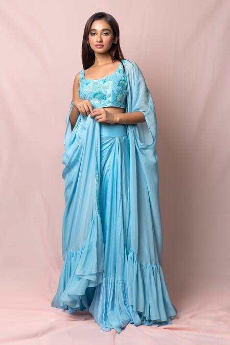 Buy Pinup By Astha Blue Silk, Flat Chiffon Floral, Sequin Blouse V Neck, Frill And Draped Skirt Set Online at Aza Fashions Buy_Pinup By Astha_Blue Silk, Flat Chiffon Floral, Sequin Blouse V Neck, Frill And Draped Skirt Set _Online_at_Aza_Fashions