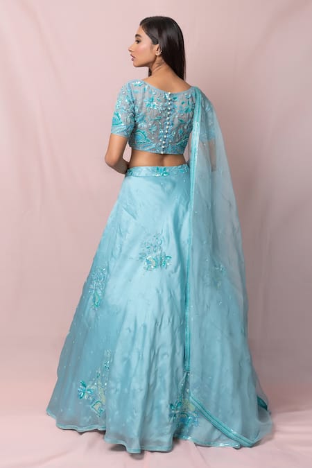 Shop Pinup By Astha Blue , Satin Floral, Sequin Square Neck Embroidered Lehenga Set at Aza Fashions Shop_Pinup By Astha_Blue , Satin Floral, Sequin Square Neck Embroidered Lehenga Set _at_Aza_Fashions