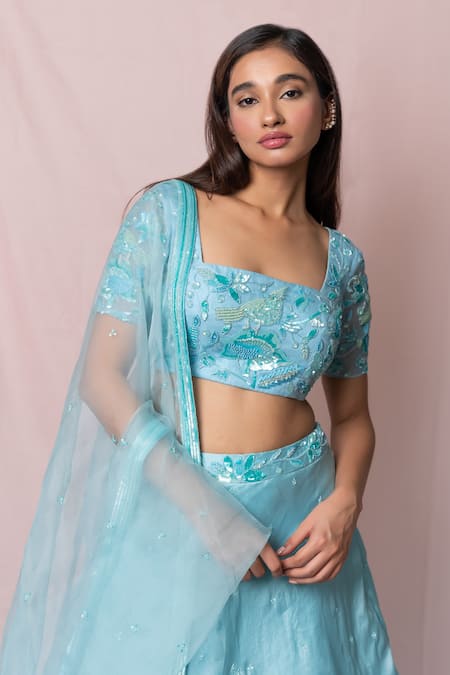 Shop Pinup By Astha Blue , Satin Floral, Sequin Square Neck Embroidered Lehenga Set Online at Aza Fashions Shop_Pinup By Astha_Blue , Satin Floral, Sequin Square Neck Embroidered Lehenga Set _Online_at_Aza_Fashions
