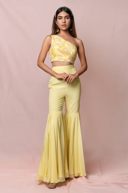Pinup By Astha_Yellow Silk, Flat Chiffon Floral, Sequin Blouse Embroidered And Sharara Set _Online_at_Aza_Fashions