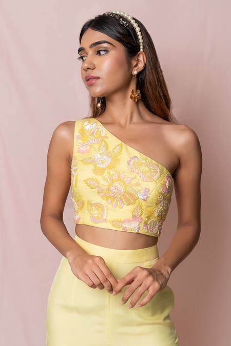 Pinup By Astha_Yellow Silk, Flat Chiffon Floral, Sequin Blouse Embroidered And Sharara Set _at_Aza_Fashions