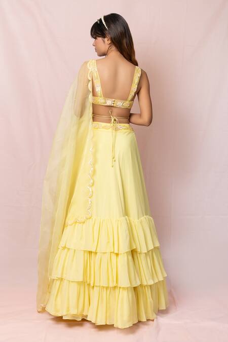 Shop Pinup By Astha Yellow Silk, Organza, Flat Chiffon Floral, Sequin Straight Tiered Lehenga Set at Aza Fashions Shop_Pinup By Astha_Yellow Silk, Organza, Flat Chiffon Floral, Sequin Straight Tiered Lehenga Set_at_Aza_Fashions