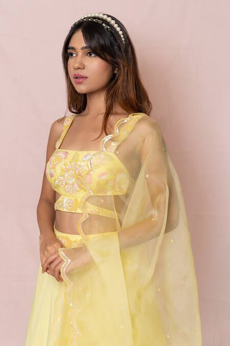 Shop Pinup By Astha Yellow Silk, Organza, Flat Chiffon Floral, Sequin Straight Tiered Lehenga Set Online at Aza Fashions Shop_Pinup By Astha_Yellow Silk, Organza, Flat Chiffon Floral, Sequin Straight Tiered Lehenga Set_Online_at_Aza_Fashions