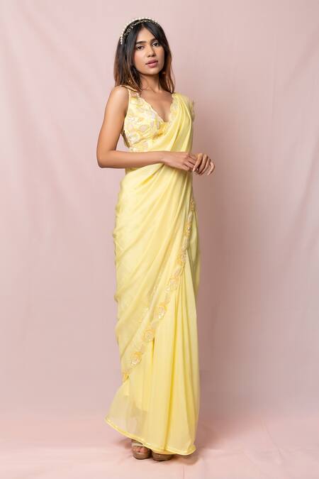 Pinup By Astha_Yellow Silk, Flat Chiffon Floral, Sequin V Neck Embroidered Saree With Blouse_Online_at_Aza_Fashions