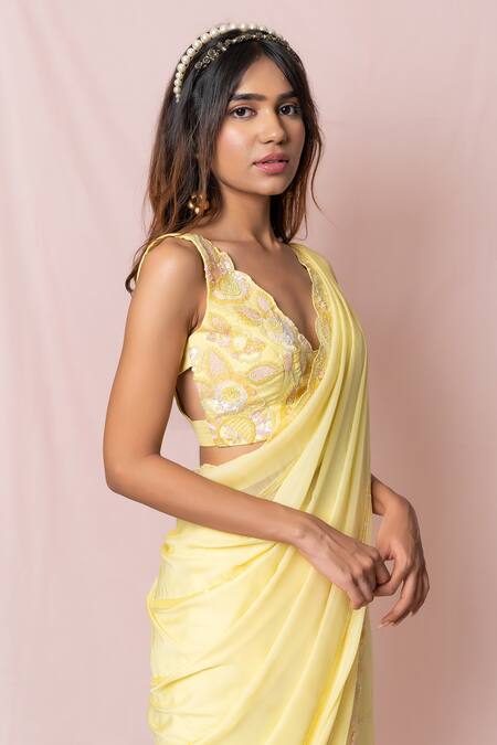 Buy_Pinup By Astha_Yellow Silk, Flat Chiffon Floral, Sequin V Neck Embroidered Saree With Blouse_Online_at_Aza_Fashions