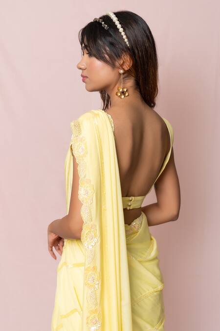 Pinup By Astha_Yellow Silk, Flat Chiffon Floral, Sequin V Neck Embroidered Saree With Blouse_at_Aza_Fashions