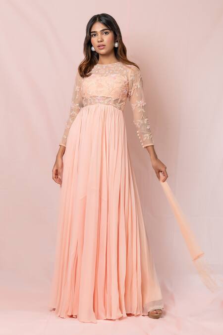 Pinup By Astha_Peach Tulle, Georgette Floral, Sequin Round Embroidered Gown_Online_at_Aza_Fashions