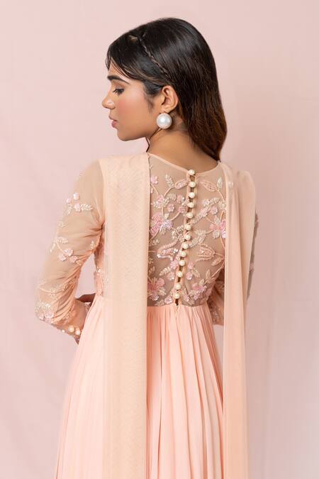 Shop_Pinup By Astha_Peach Tulle, Georgette Floral, Sequin Round Embroidered Gown_Online_at_Aza_Fashions