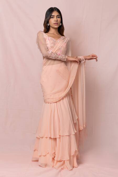 Pinup By Astha_Peach Silk, Tulle, Georgette Floral, Sequin V Tiered Lehenga Saree With Blouse_Online_at_Aza_Fashions