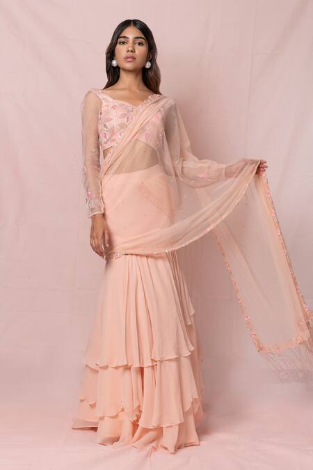 Buy_Pinup By Astha_Peach Silk, Tulle, Georgette Floral, Sequin V Tiered Lehenga Saree With Blouse_Online_at_Aza_Fashions