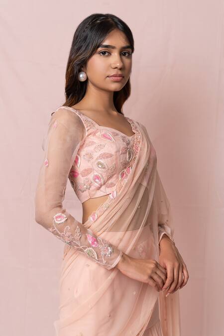 Shop_Pinup By Astha_Peach Silk, Tulle, Georgette Floral, Sequin V Tiered Lehenga Saree With Blouse_Online_at_Aza_Fashions